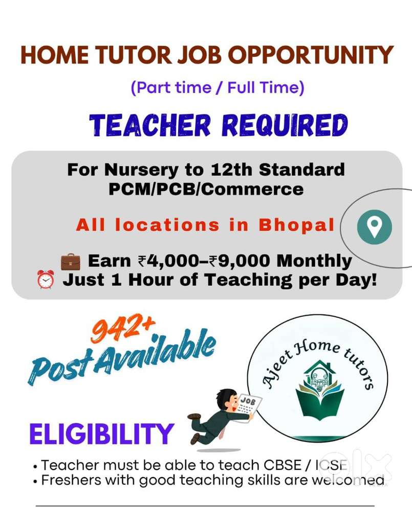 942+ Home Tutor Needed for Class Nursery to 12th, in All Bhopal areas