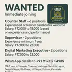 Counter staff( kannada must) immediate joining