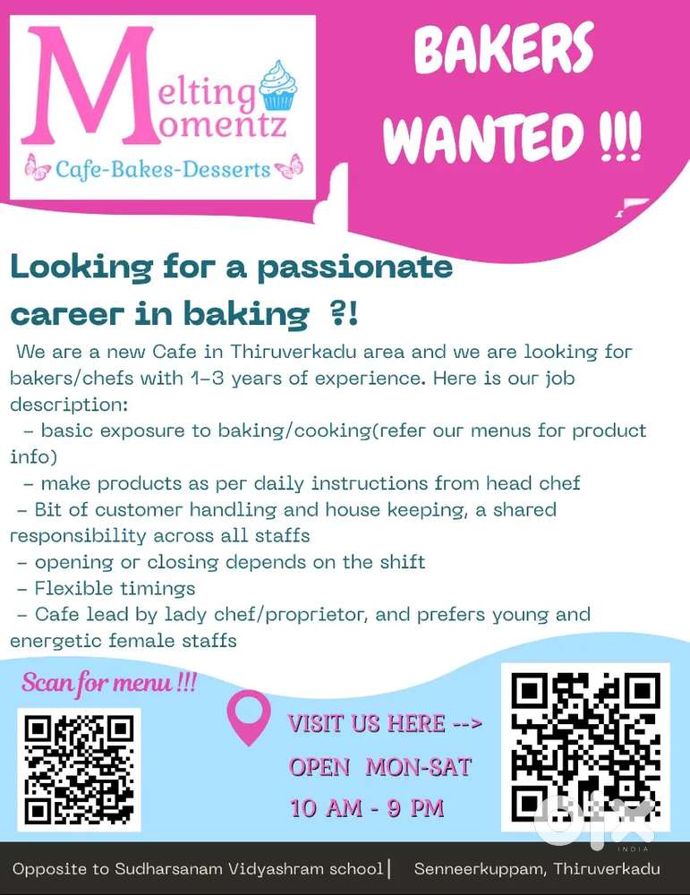 Bakers(females preferred) wanted 1 to 3 years experienced