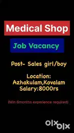 Job vacancy: Sales staff for medical shop at vizhinjam
