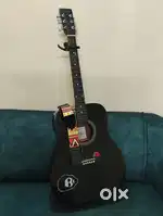 Black Shiny Acoustic Guitar with Capo, Belt & Cover – Great Condition!