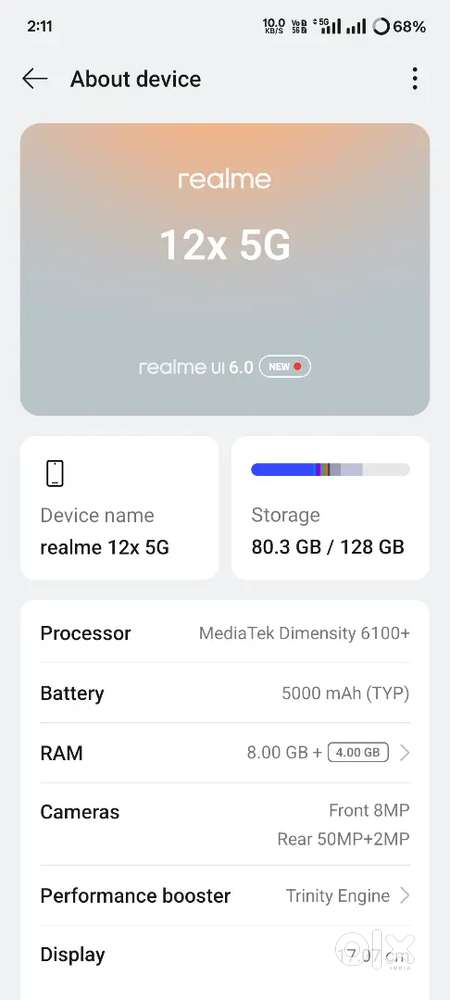 Realme 12x 5g 8gb ram 128gb memory