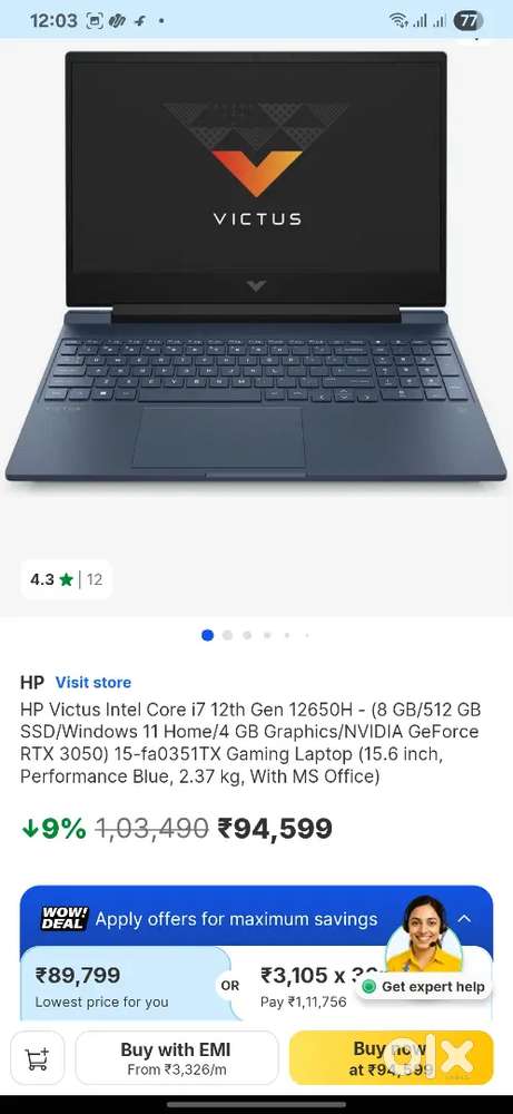 Hp victus i7 12th generation 16GB +8 GB RAM RTX 3050ti