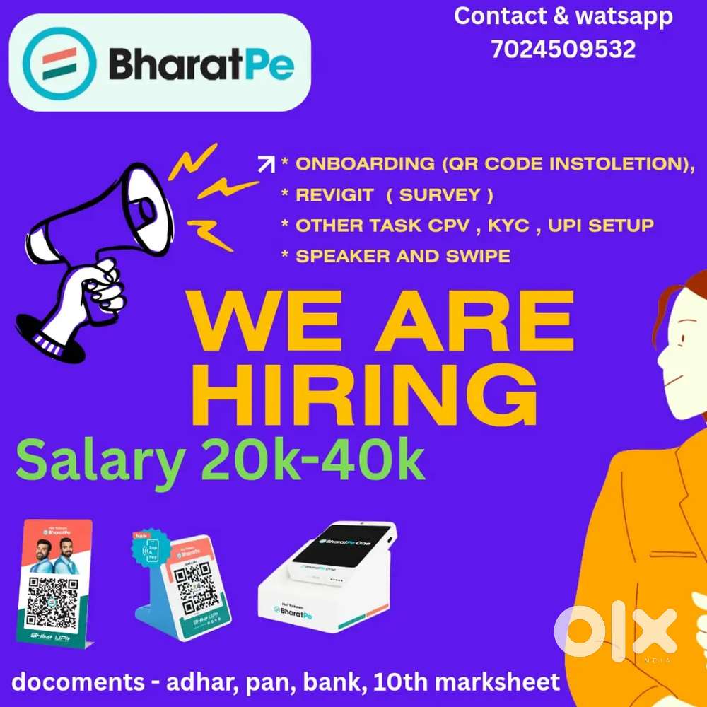 Bhart pe (upi) new vecancy, field sales work, QR, survey and other,