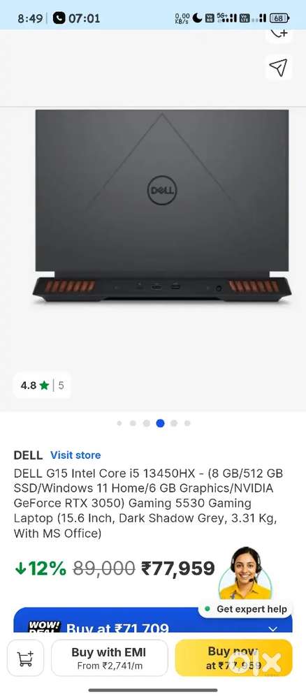 Gaming laptop Dell G15 rtx 3050(8gb ram/512gb hdd)