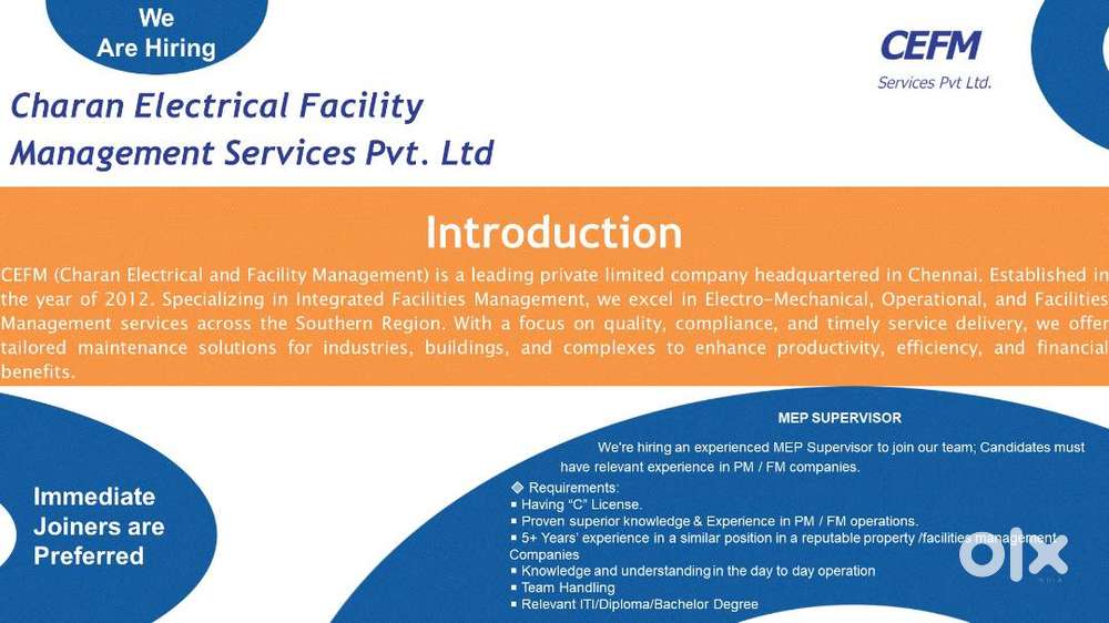 Electrical Maintenance Supervisor with C License and min of 5Years Exp