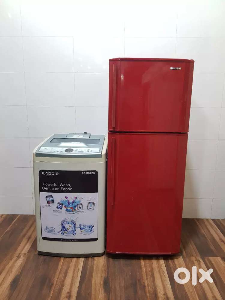 Samsung red colour refrigerator and Samsung washing machine