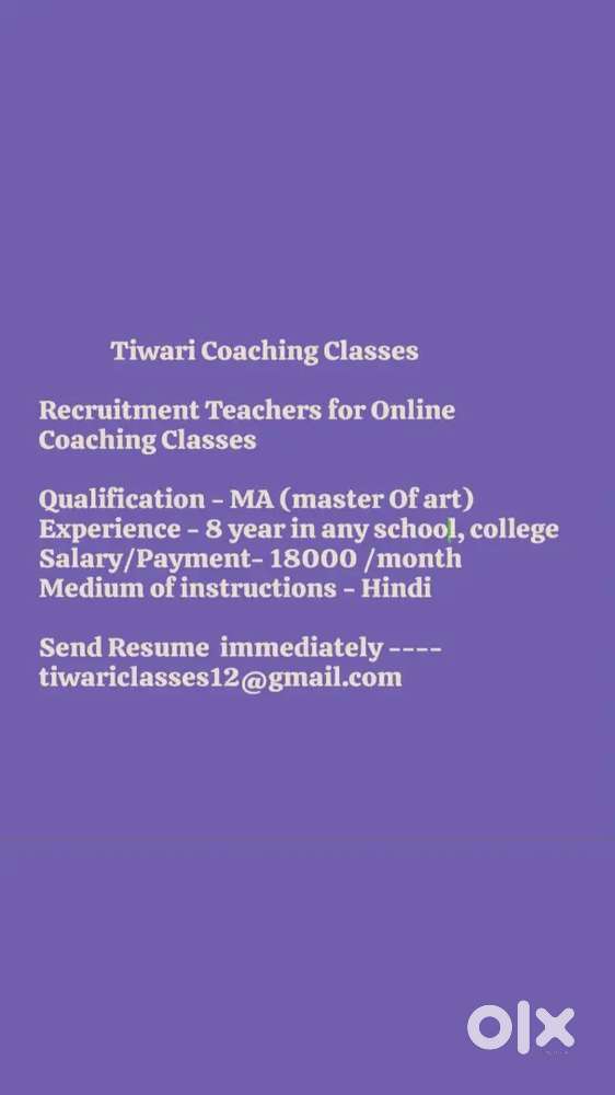 Required Teacher. Send Resume immediately. Online Coaching Classes