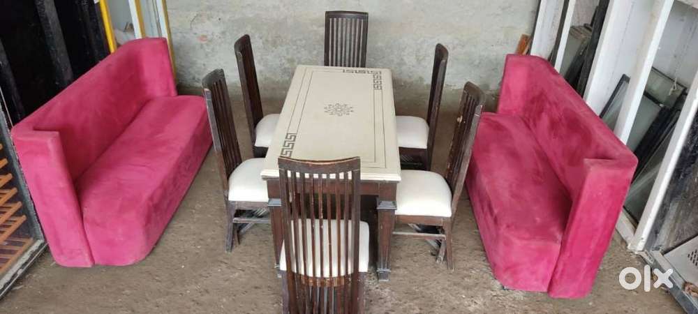 Used Korean Stone Table with Teak Wood Chairs  Cushion Seating