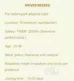 DRIVER NEEDED AT TRIVANDRUM