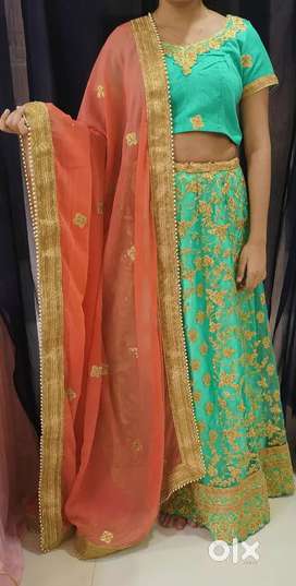 Green Lehenga with reddish pink dupatta