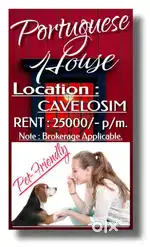 2BHK INDEPENDENT PET FRIENDLY PORTUGUESE HOUSE FOR RENT IN CAVELOSIM