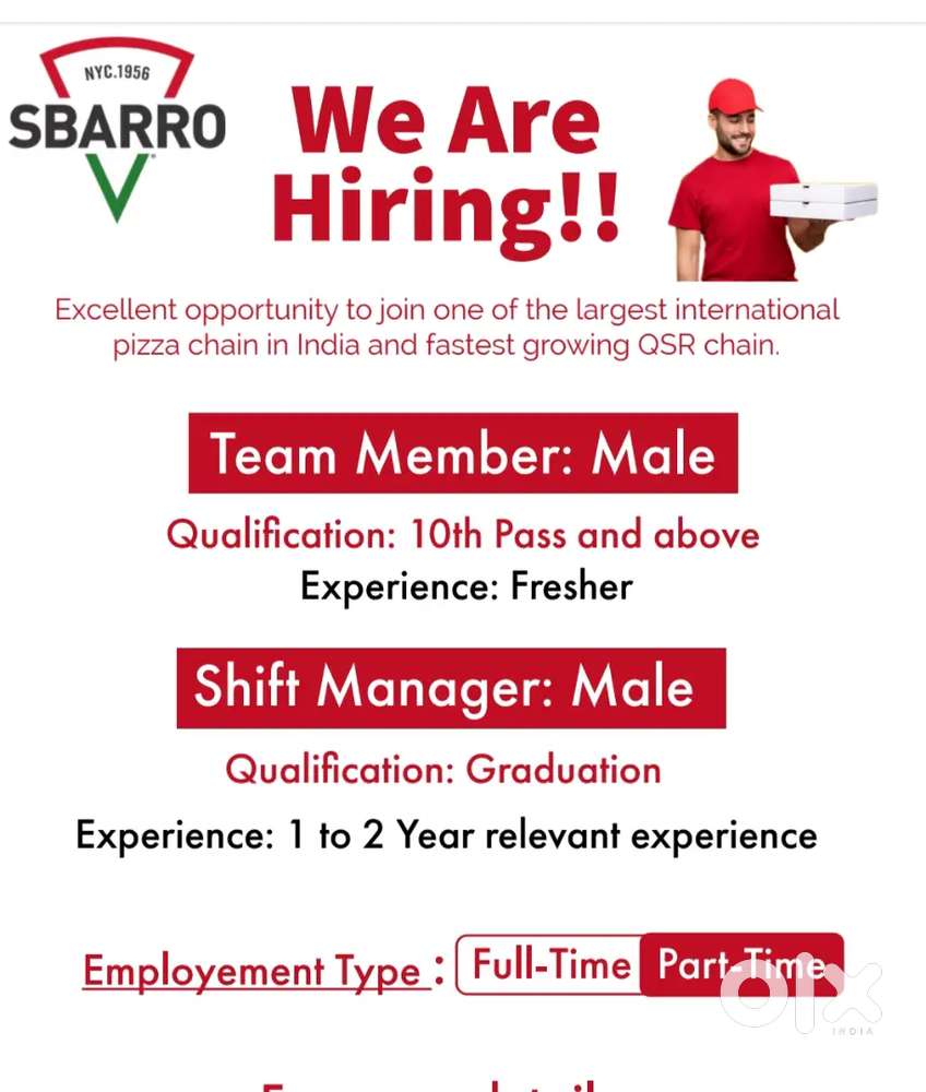 Sbarro Pizza team member vacancy