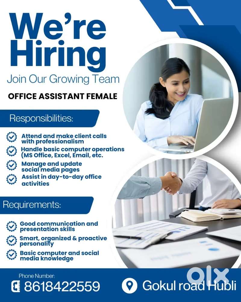 Office Assistant female in Gokul road Hubli