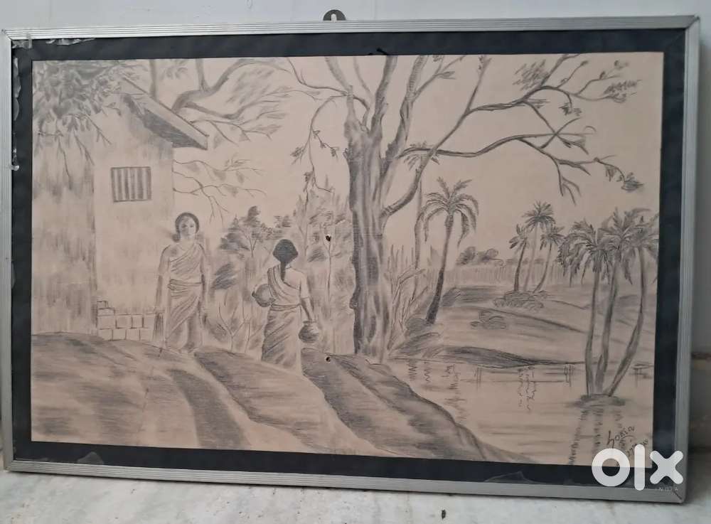 Pencil Sketch – Serene Village Scene by Emerging Artist