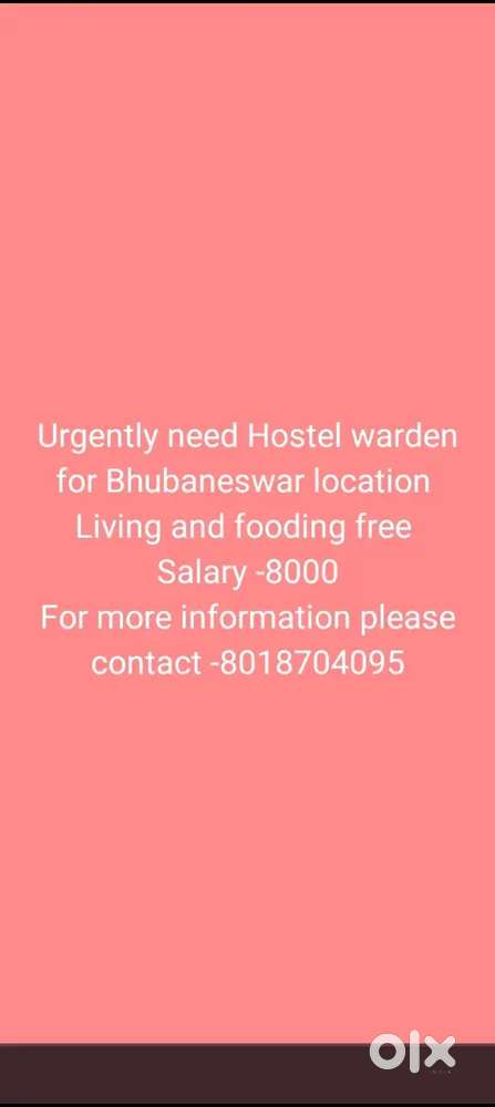 Urgently required hostel warden for Bhubaneswar location