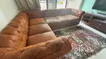 6 seater wooden sofa suede leather and coffe table