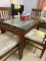 Sheesham wood glass top dining table with 4 chairs