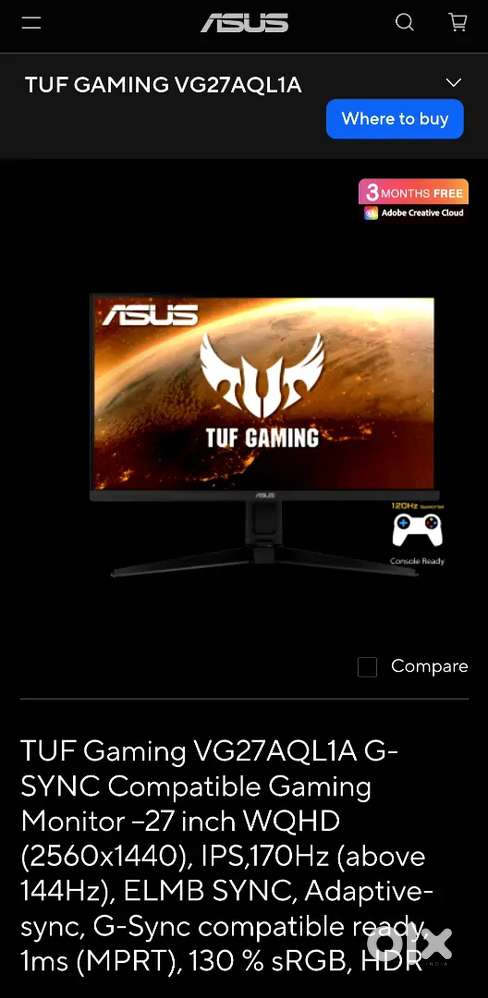 ASUS TUF GAMING VG27AQL1A MONITOR 170HZ sRGB dci p3