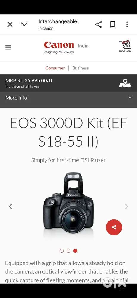 CANON EOS 3000D with lens+tripod+bag+64 gb card+OTG+ battery+charger