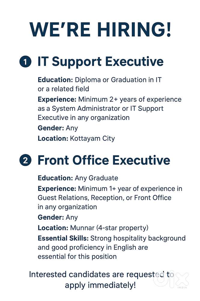 IT support -1 No. and Front office- 1No.