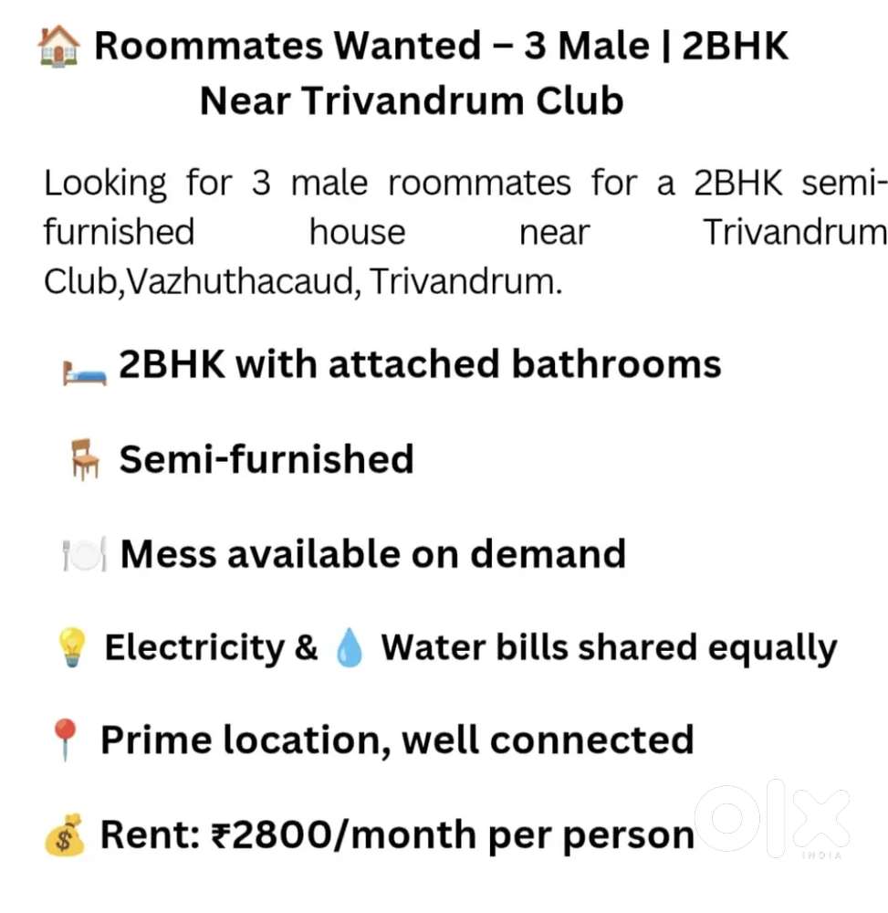 Male Roommates Wanted  2BHK House  3 Vacancies Available
