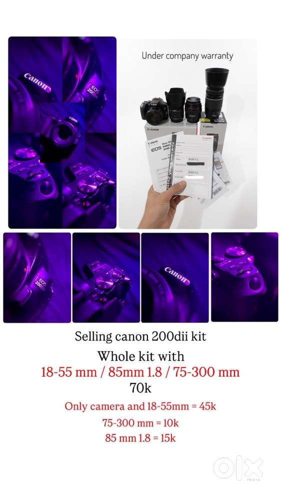 Under warranty Canon 200d ii with 3 lens ready to shoot kit