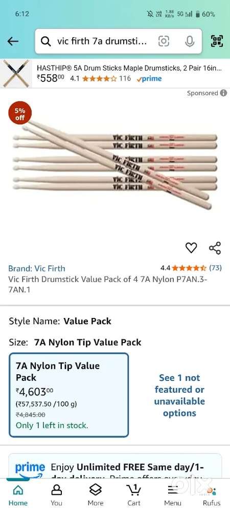 Vic Firth Drum stick Value 7A nylon material