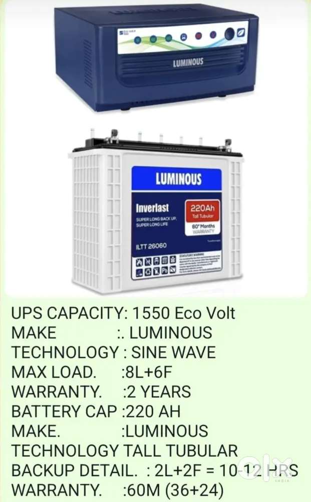 Luminous UPS plus Battery -  1550 Ecovolt + 220ah Tall Tubular