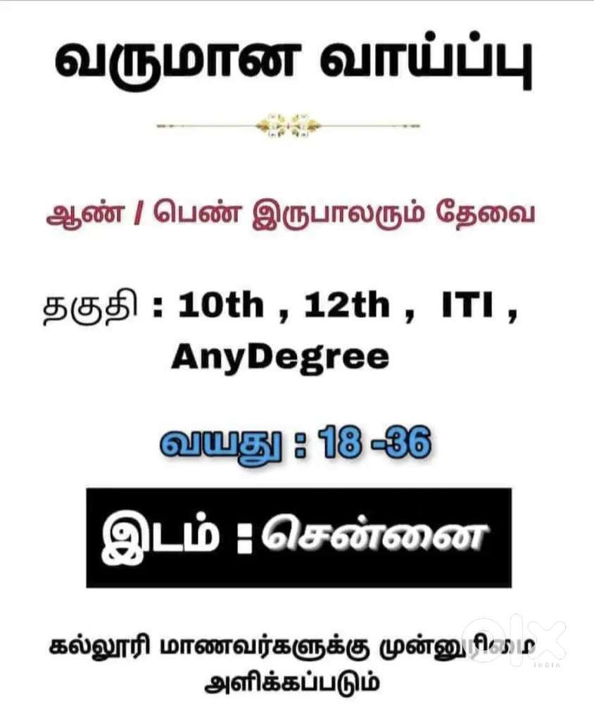 NEW BRANCH OPENING IN CHENNAI WANTED FOR OFFICE WORK