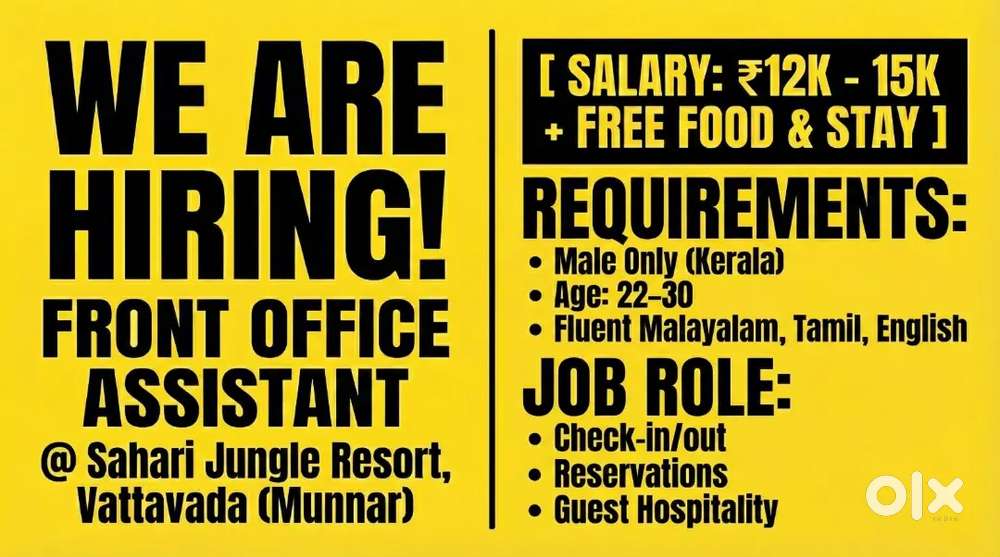 Front Office Assistant – Sahari Jungle Resort, Vattavada (Munnar)