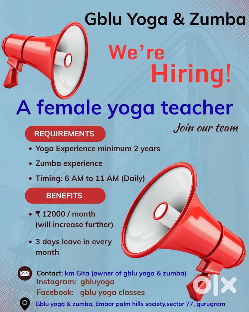 A Female yoga & zumba teacher required for my yoga center