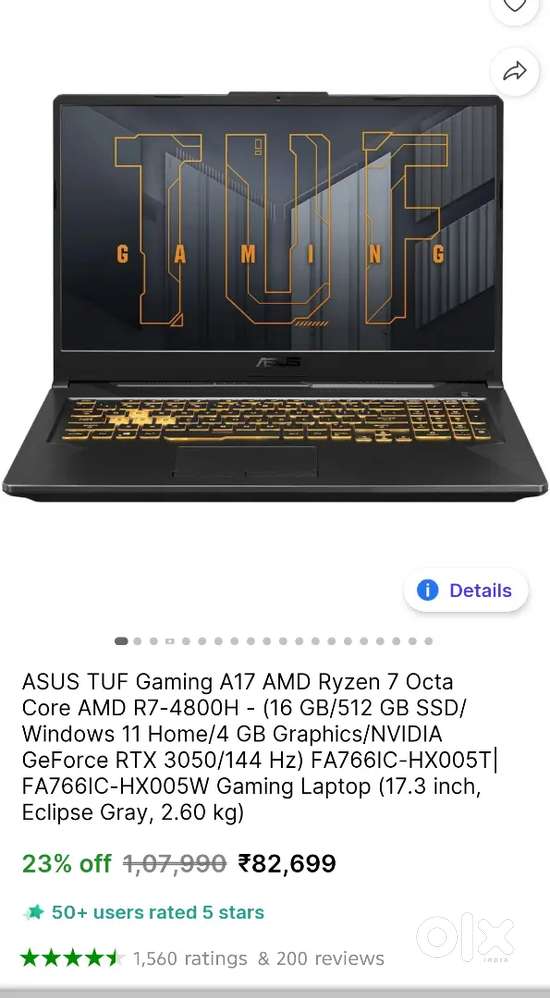 ASUS TUF Gaming A17 Price 82999 selling 57k