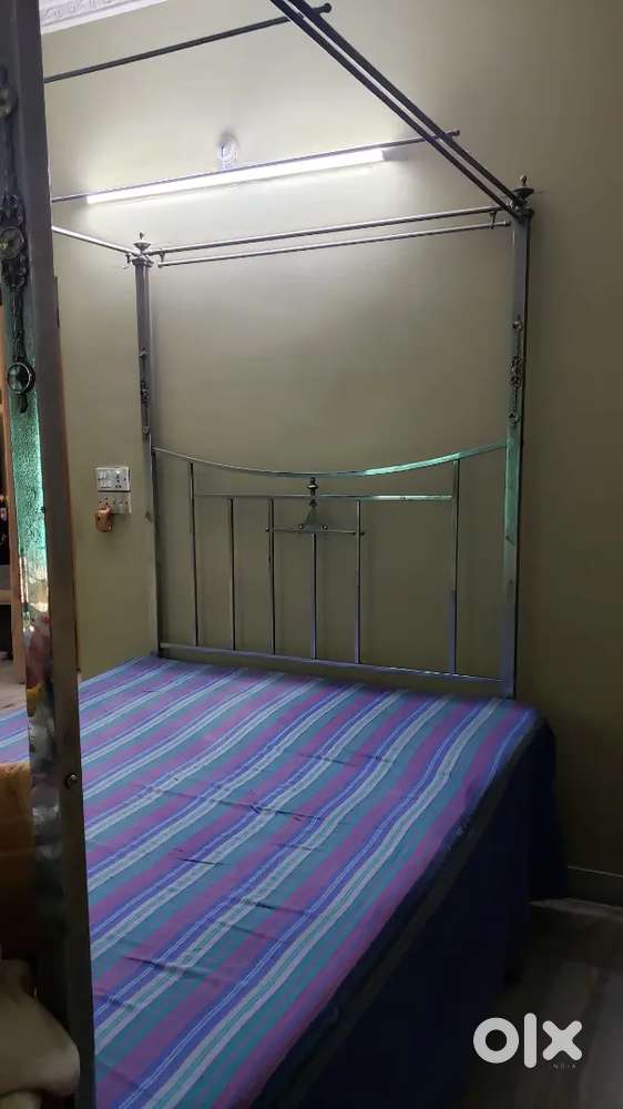 Antique English Steel Double Bed with Spring Frame, 75 Years Old