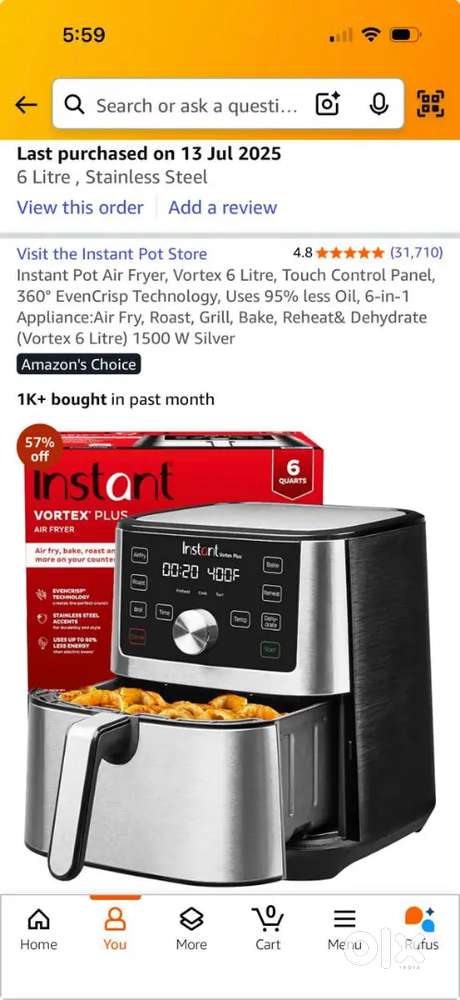 Instant Pot air fryer, Vortex 6 Litre..US brand with box and warranty