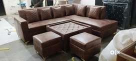 Brand New Golden Frame L Shape Sofa set with table and 2 Puffies