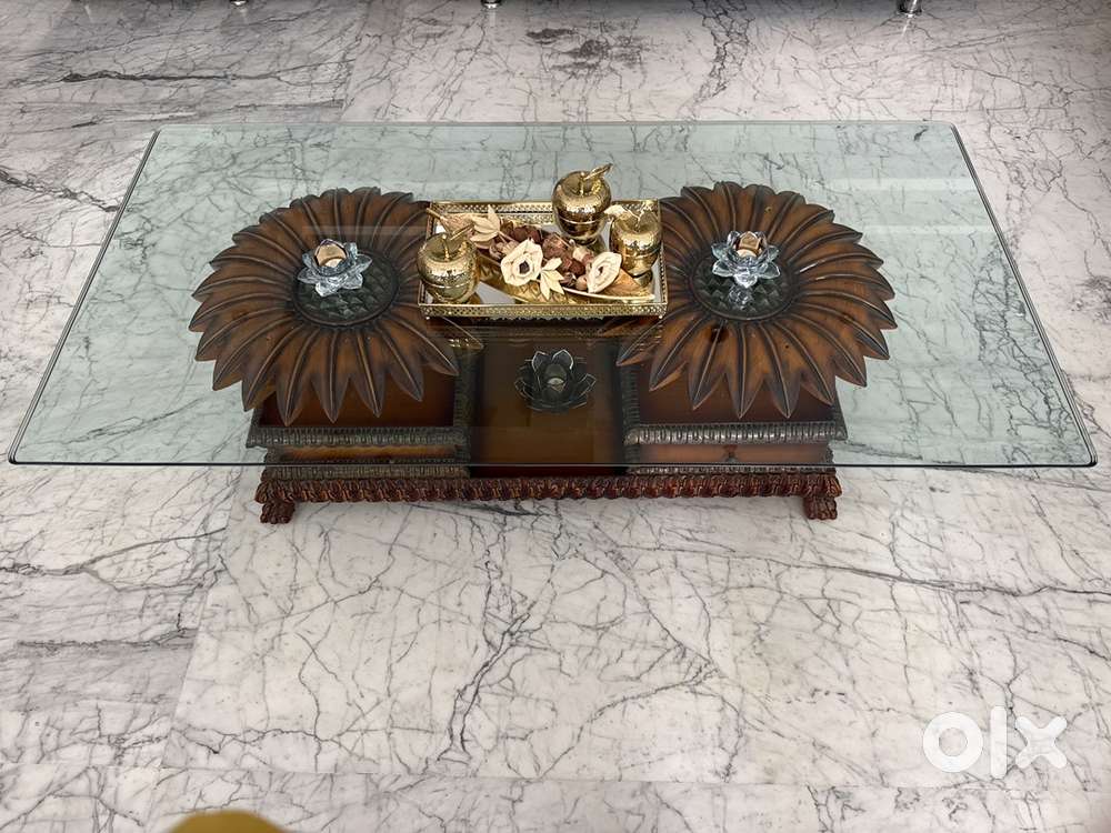 Elegant Wooden centreTable with Glass Top – Lotus Motif Carvings