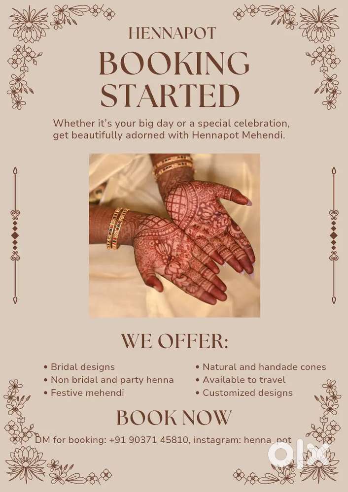 BRIDAL AND PARTY MEHENDI
AVAILABLE IN KOTTAYAM AND NEARBY DISTRICTS...