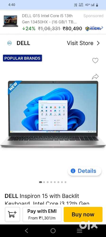 Dell laptop Inspiron Backlit keyboard 3520 i3-1215u  512gb SSD/8GB