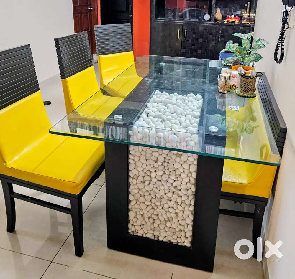 Wooden dining table, chairs and bench