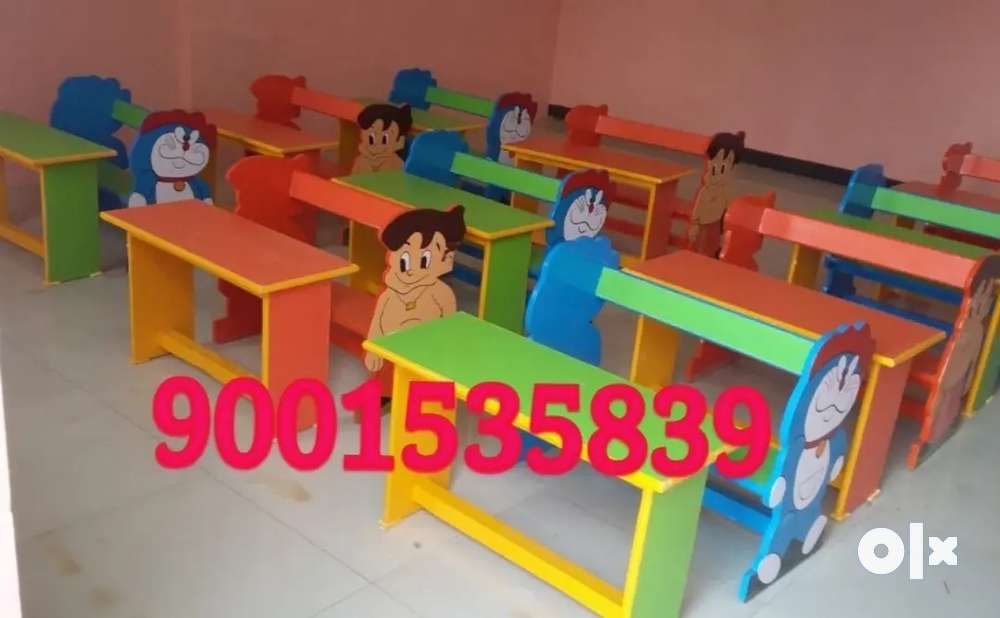 New play school furniture wooden bench set with cartoon cartoon side