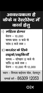 Required staff for cafe and restro