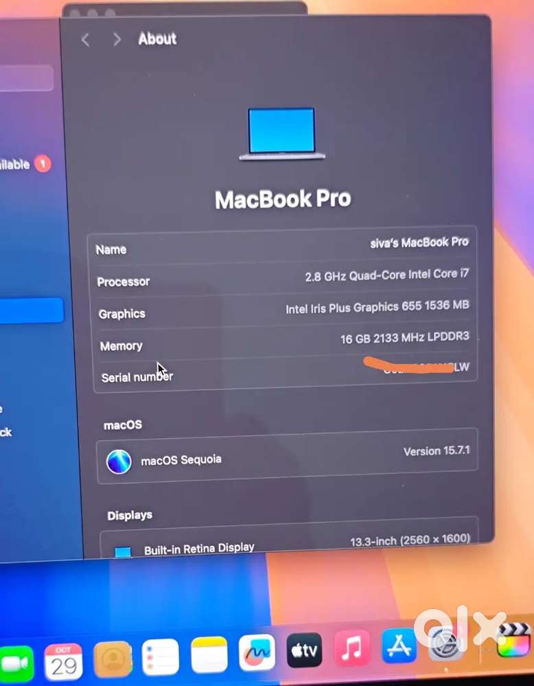 Macbook pro 2019 i7 16gb ram 256gb