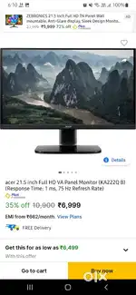 Acer 21.5 fhdva panel 75hz KA22Q B
