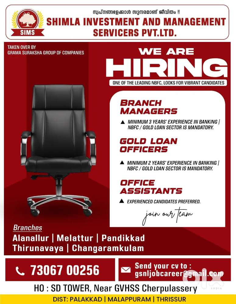 Manager, Gold loan officer, Office asst.