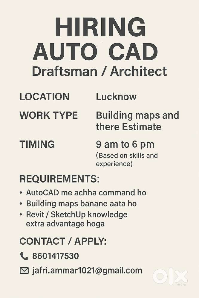 AutoCAD Draftsman / Architect Required – Lucknow