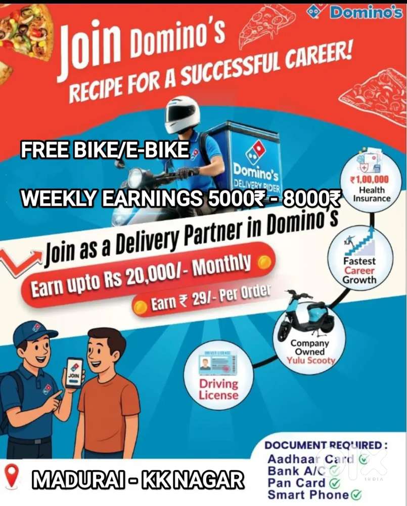 DOMINOS MADURAI KK-NAGAR PIZZA DELIVERY RENTAL-FREE BIKE WEEKLY SALARY