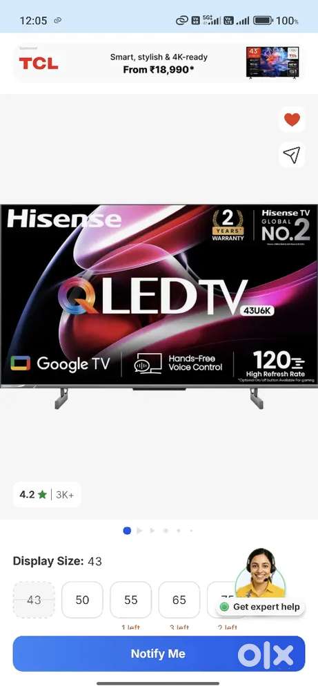 Hisense U6K 108 cm (43 ﻿ inch) QLED Ultra HD (4K) ﻿ Uner warranty