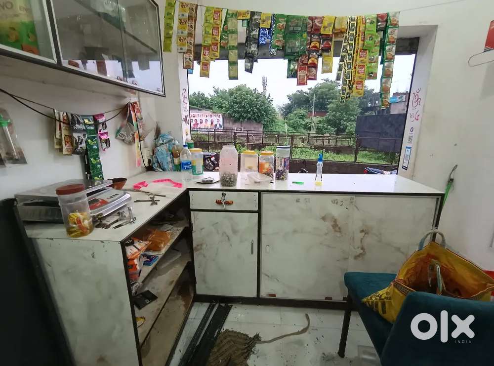 Shop counter L  shape counter with Wall hanging rack glass