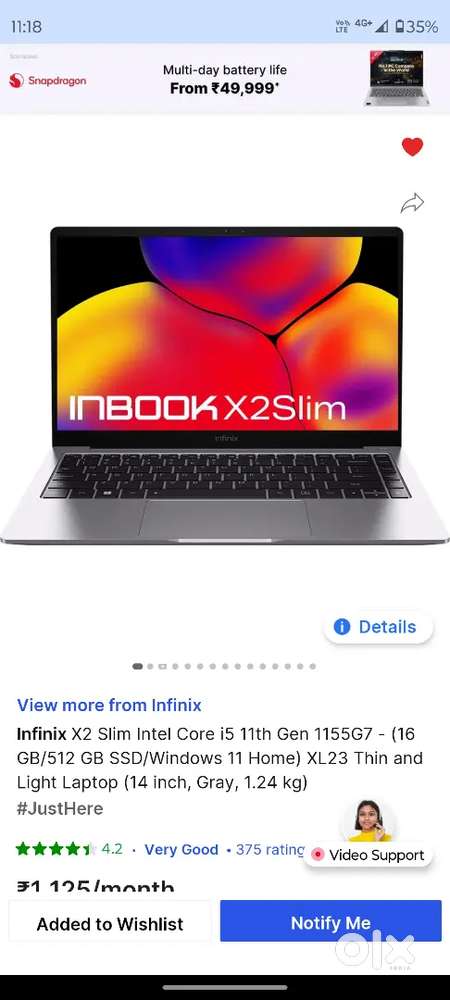 Infinix x2 slim i5/11th gen/16gb ram/512gb ssd..very less used..